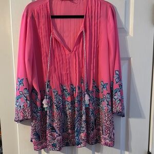 Lilly Pulitzer Marilina Pleated Tassel Floral Print Tunic Blouse Pink Resort
